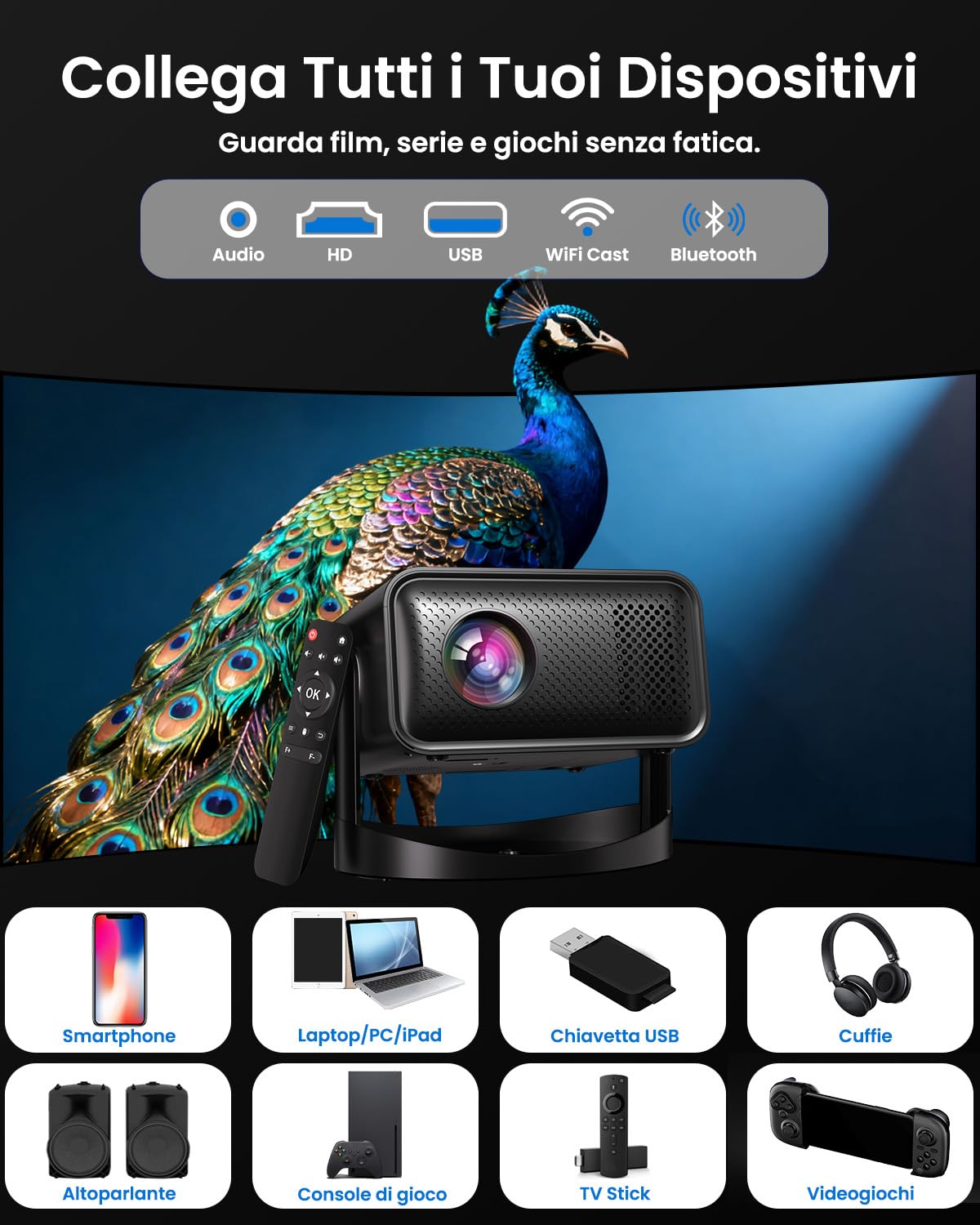 Proiettore Portatile, [App Integrate] UCOCARE Mini Proiettore 4K Smart TV, WiFi & Bluetooth, Auto Keystone, Fuoco Elettronica, 4K 1080P Videoproiettore Home Cinema per Telefono, Smart TV, USB