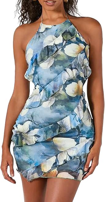 sedmoda Women Sexy Halter Floral Mini Dress Backless Back Lace Up Ruffle Party Cocktail Short Dresses