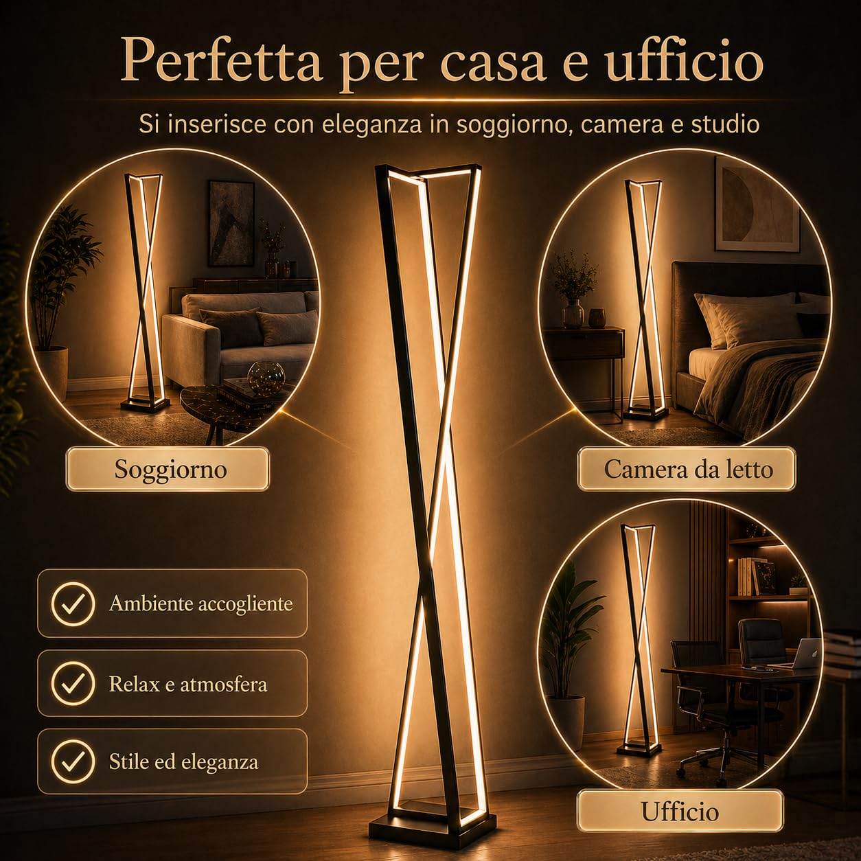 Arcadia Lampada da Terra LED Moderna Forma di Clessidra | Piantana Design Contemporaneo | Luce Calda/Fredda | Lampada Salotto Camera da Letto Studio, Arredo Interni Elegante 125 cm 3000 Lumen (Nero)