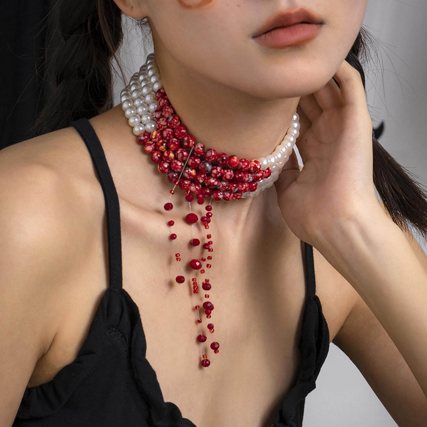 IDOKAWA Dripping Bloody Pearl Necklace for Women Halloween Vampire Gothic Choker Jewelry Set for Women (Necklace Bracelet Earring)