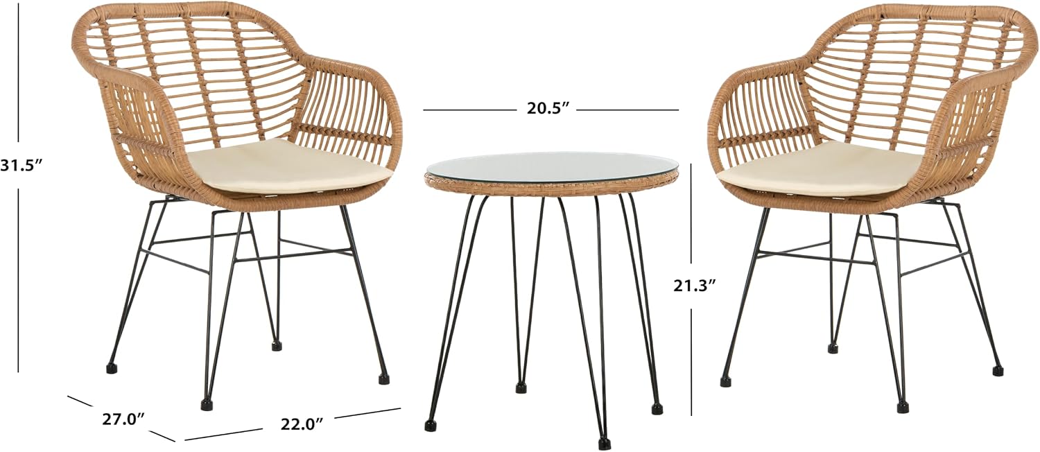SAFAVIEH Outdoor Collection Alton Light Brown Rattan/White Seat Cushion 3-Piece Patio Lounge Bistro Set with Table (PAT9004A)