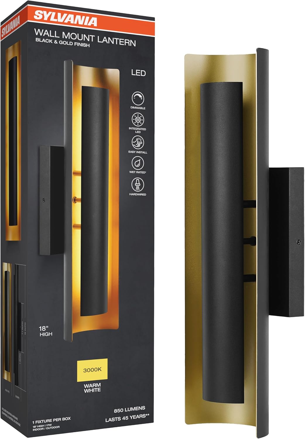 Sylvania Wall Mount Lantern LED Light Fixture, Indoor/Outdoor Use, Wet-Rated, with Integrated Dimmable LED, Black and Gold Finish, 3000K, Warm White - 1 Pack (67263)