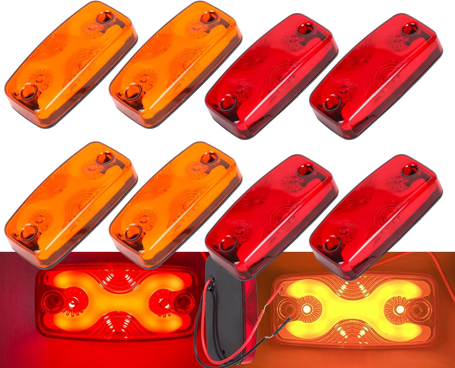 NEW SUN Superior 8Pcs Trailer Top & Side Marker Lights, Waterproof IP 67, Halo Neon Design for Turn, Stop, Tail Lamps for Truck, Camper, RV, Van,Bus, 16 Super Bright LEDs, 4"x2" Lens Ultrawide Angle