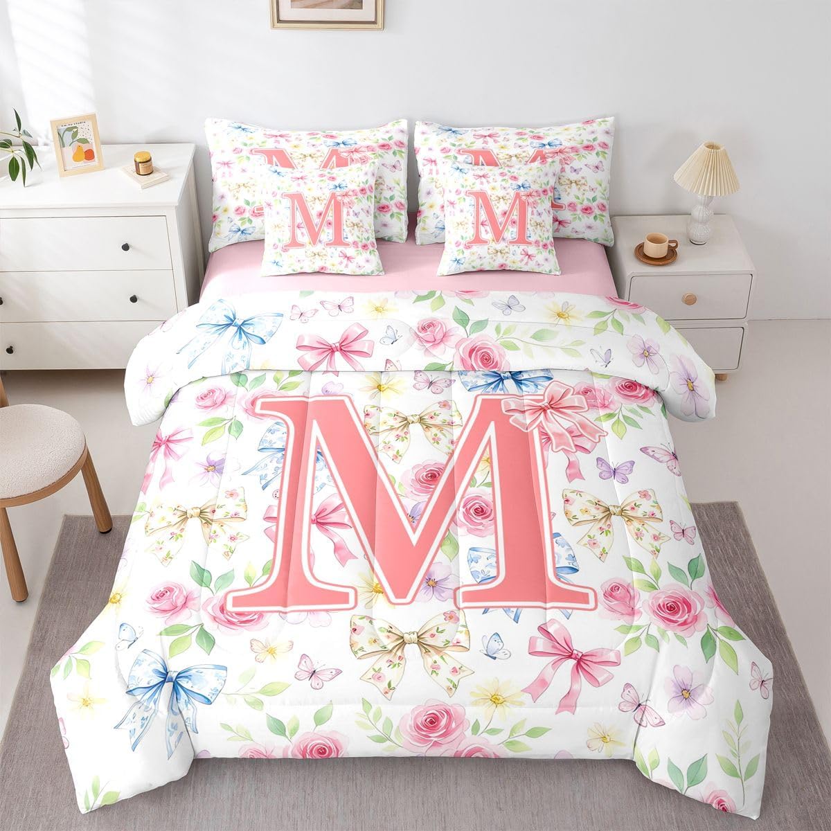 jejeloiu Pink Bowknot Bed Set, Full Size, Decor Gifts for Women Teen Girl Ultra Soft Personalized Initial M 7 Pieces Beeding Set, Girly Romantic Bed in a Bag with Comforter, Sheets, Pillowcases