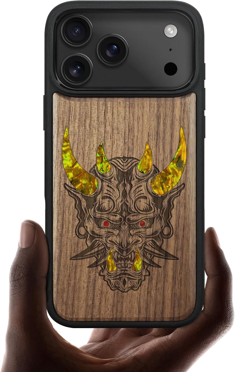 Carveit Magnetic Case for iPhone 17 Pro Case, Wood Artisan Engraved & Handmade Shell Inlaid, TPU Shockproof Cover, Compatible with MagSafe Wireless Chargers (Japanese Oni Mask-Walnut)
