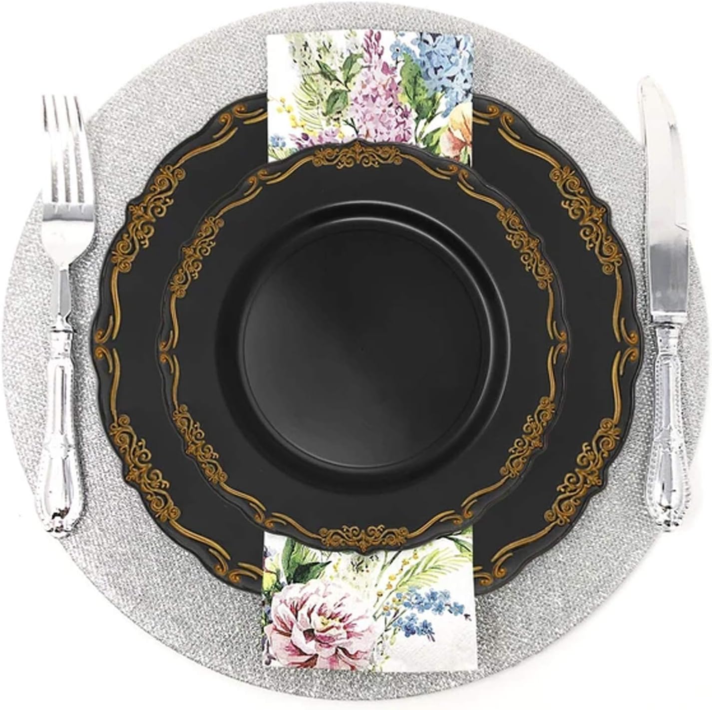 Elegant Plastic Plates, Disposable Dinnerware Sets, Plastic Dinner Plates, Disposable Plates for Party, Disposable Plastic Plates, Party Plates (Black with Gold, Combo Plate Set (120 Guests))