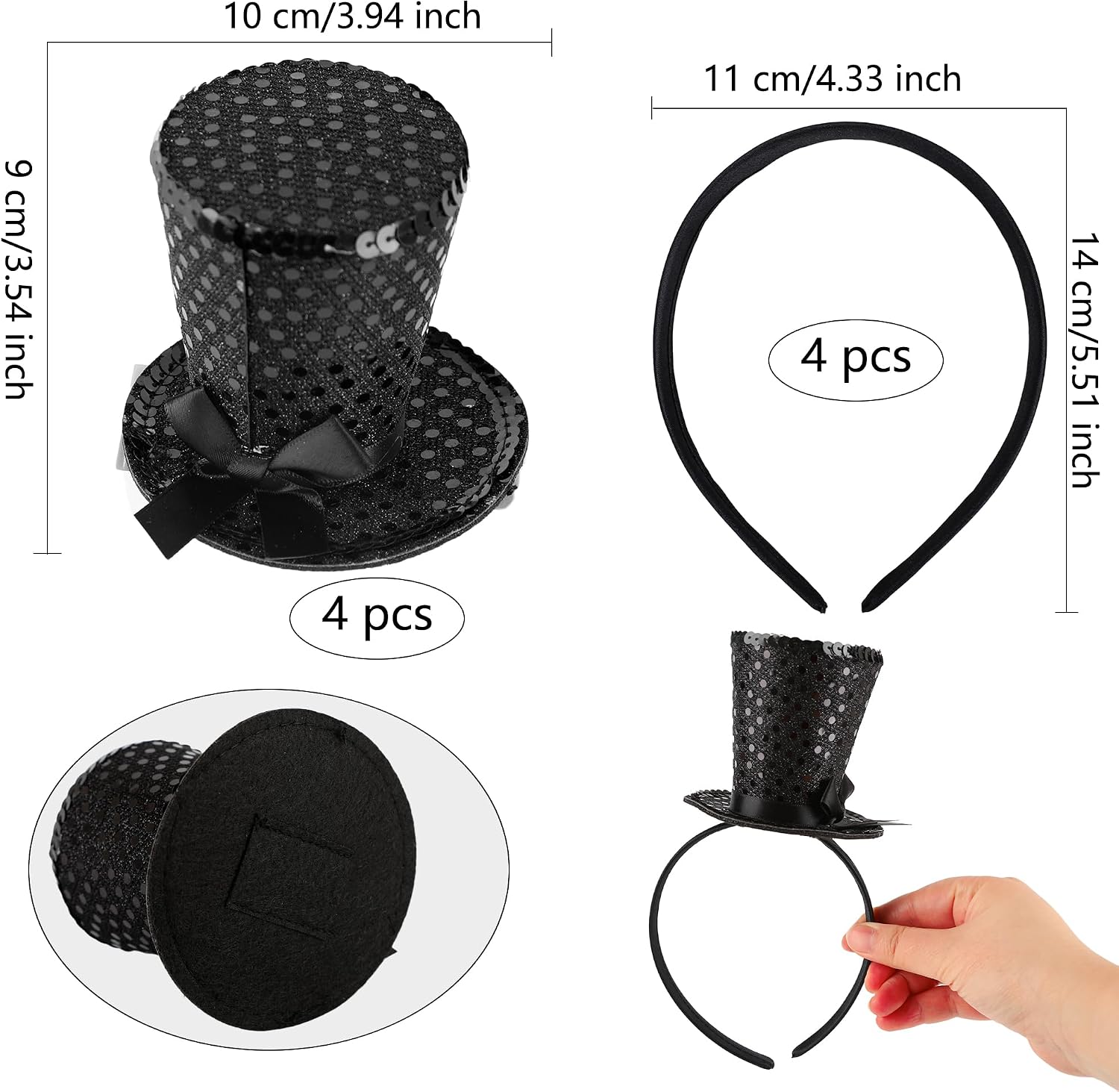 4 Pcs Mini Top Hat Headpiece 1920s Bow Sequin Fasciantor Headband for Women Masquerade Balls Cosplay Themed Parties