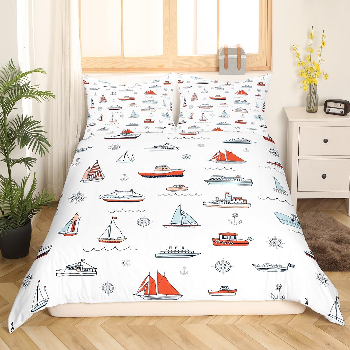 Manfei Navy Theme Duvet Cover Set Single Size,Lovely Ship Bedding Sets 2Pcs for Kids Girls Boys Adult Room Decor,Cute Sailboat Comforter Cover Playful Quilt Cover,1 Pillowcase โ image 1