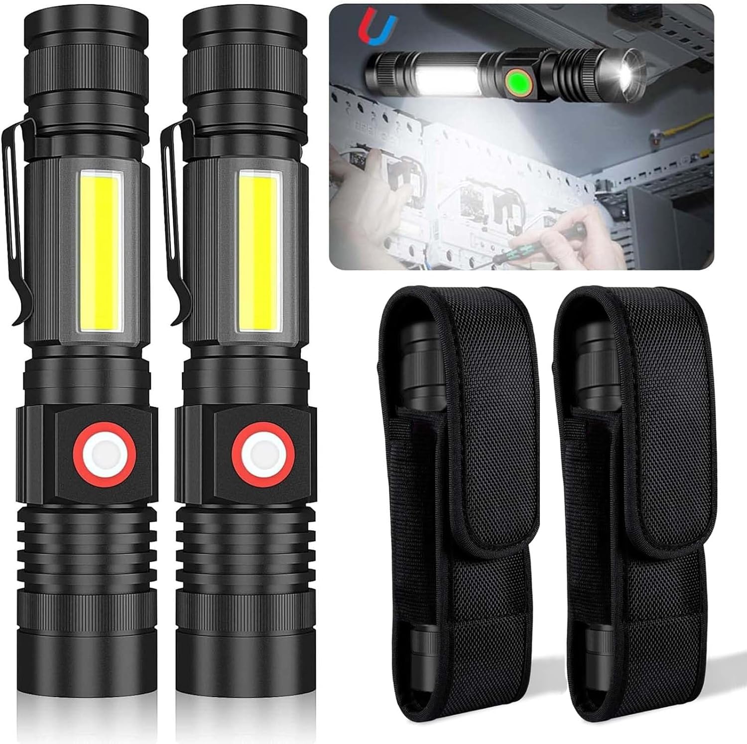 Hoxida USB Rechargeable Flashlight, Magnetic LED Flashlight, Super Bright LED Tactical Flashlight with Cob Worklight,Waterproof,Zoomable Small LED Flashlight for Camping, Flashlight with Holsters