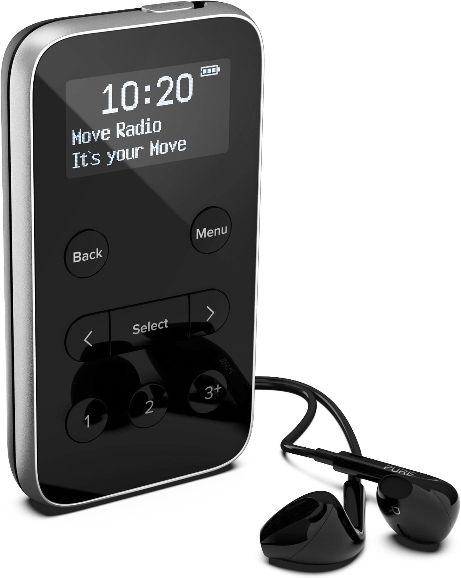 Pure UK Move R3 Rechargeable Personal Pocket FM/DAB+/DAB Digital Radio – Portable DAB Radio with Noise Isolating Headphones and 20 Station Pre-sets, Black