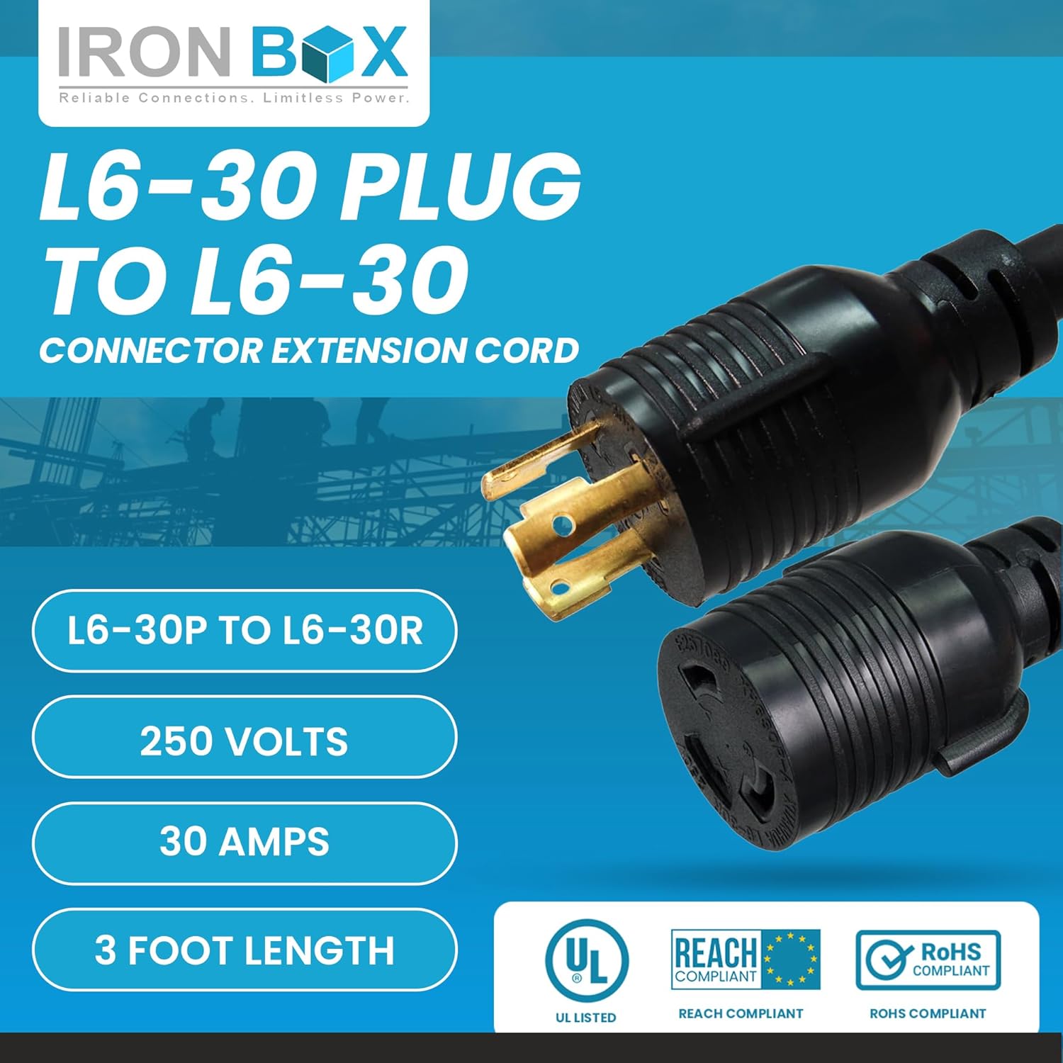 IronBox Electric L6-30 Plug to L6-30 Connector Extension Cord - 30A, 250V, 10/3 SJT - UL Listed Power Adapter - Heavy Duty Twist Lock Electrical Cable for Generator, RV, Servers and More (3ft, Molded)