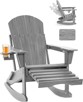 Adjustable Adirondack Rocking Chair with Retractable Ottoman, 4-in-1 Multifunctional Folding Patio Chair with Cup Holder, Outdoor Chair Wood Texture for Lawn, Porch, Backyard, PoolGrey
