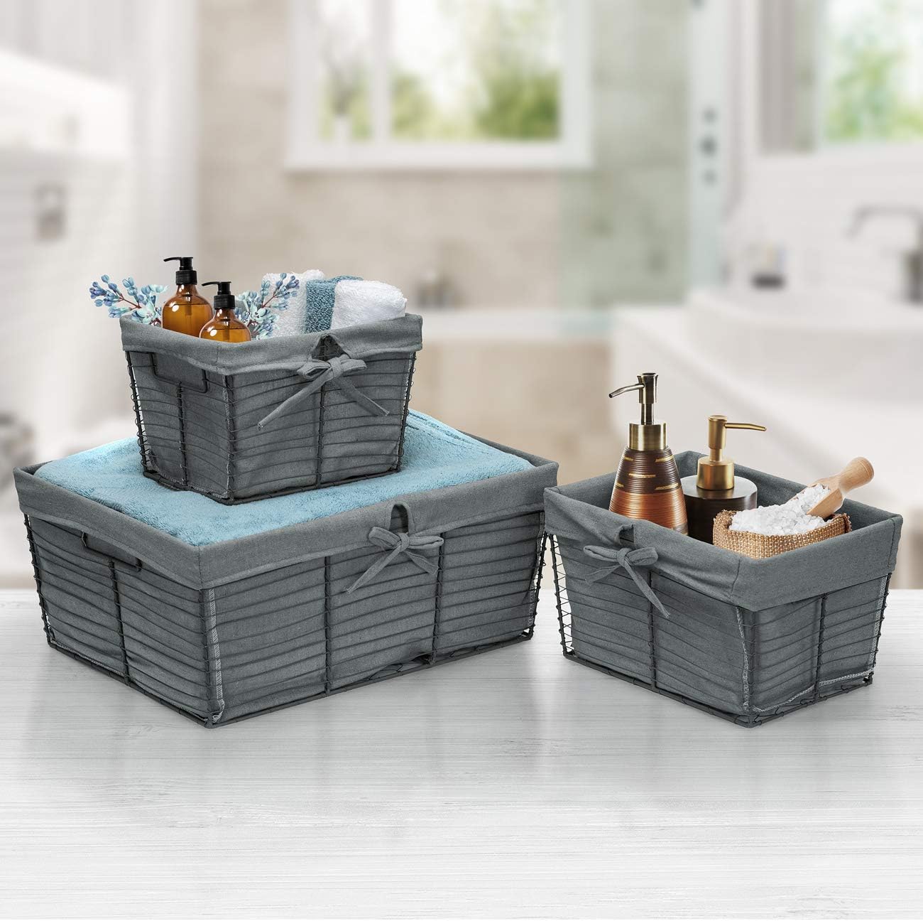 Sorbus Premium Basket Set with Cotton Fabric Liner - Multipurpose Versatile Stackable Baskets for Organizing - Rustic Farmhouse Open Home Storage Bins & Decorative Baskets for Shelves - 5 Pack | Gray
