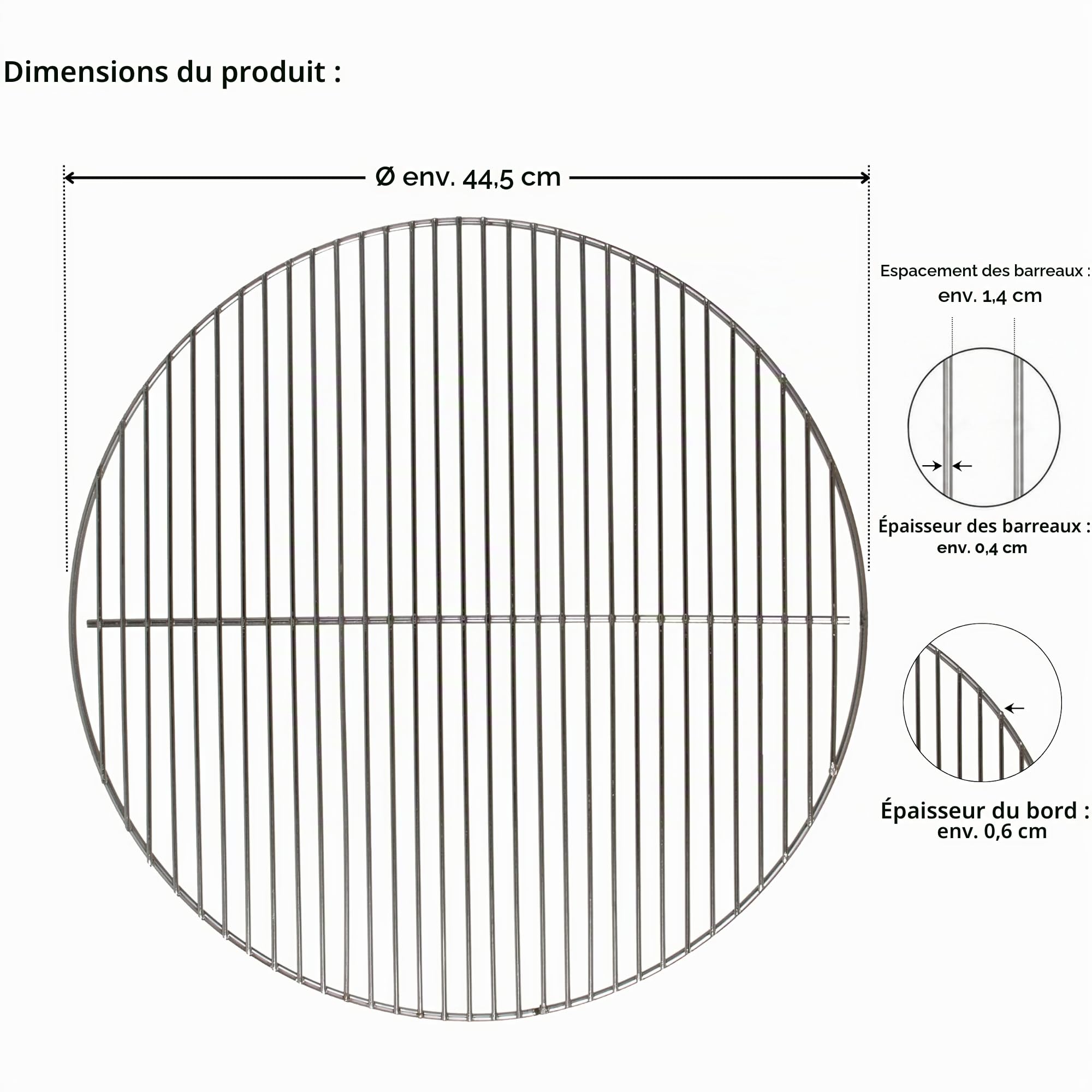 Brandsseller Grille de Barbecue Ø 44,5 cm en Acier Inoxydable – Robuste et résistante à la Corrosion – Compatible avec barbecues sphériques 47 cm Weber et Autres Marques – sans Rabats latéraux