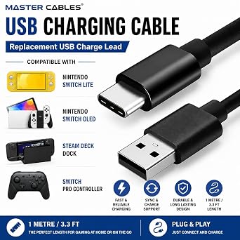 Master Cables USB Charging Cable Compatible with Nintendo Switch Lite, Switch OLED, Steam Deck Dock & Switch Pro Controller Replacement USB Charge Lead 1 Metre / 3.3ft Cable