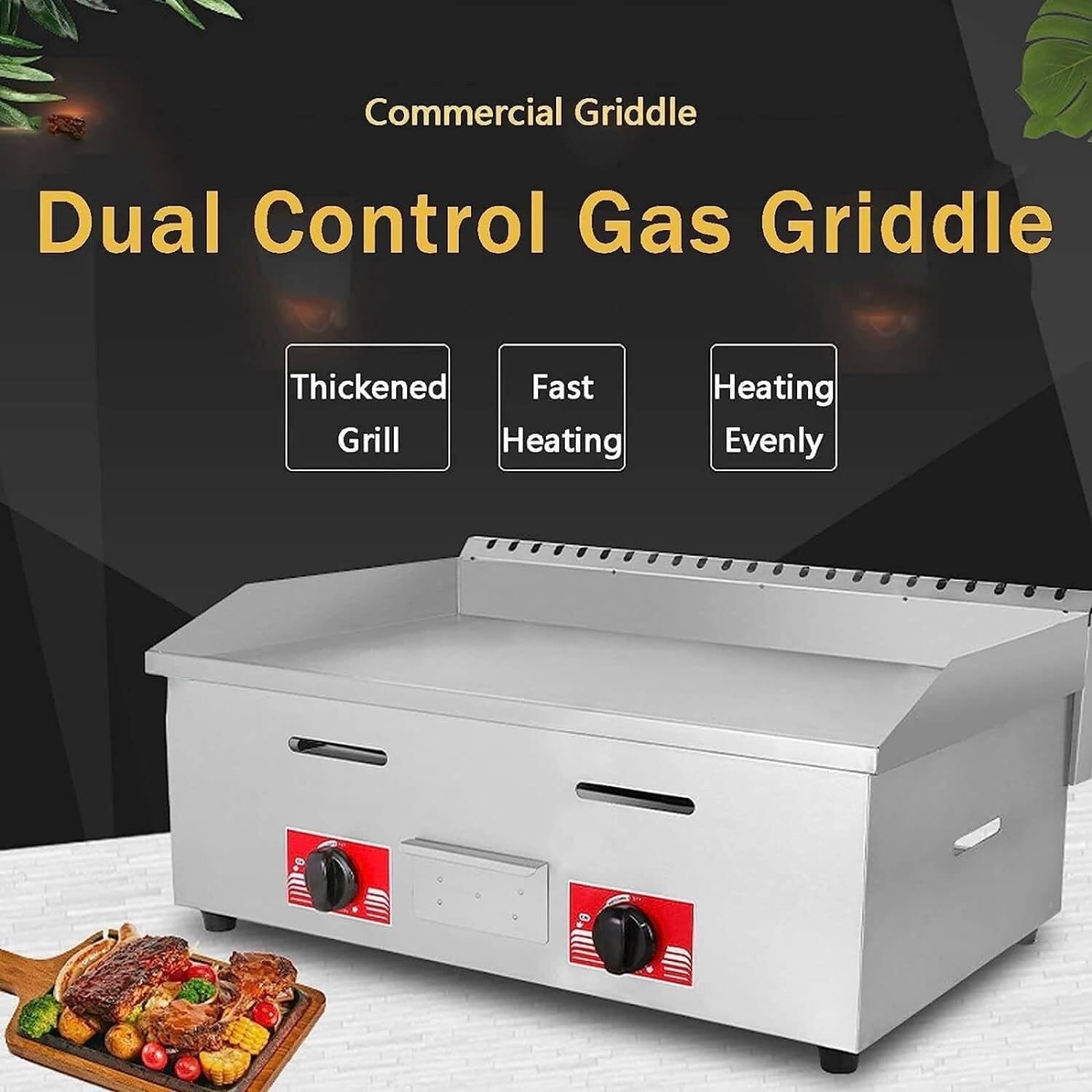 Desktop Gas Griddle, Commercial Countertop Stainless Steel Griddle, Adjustable Firepower