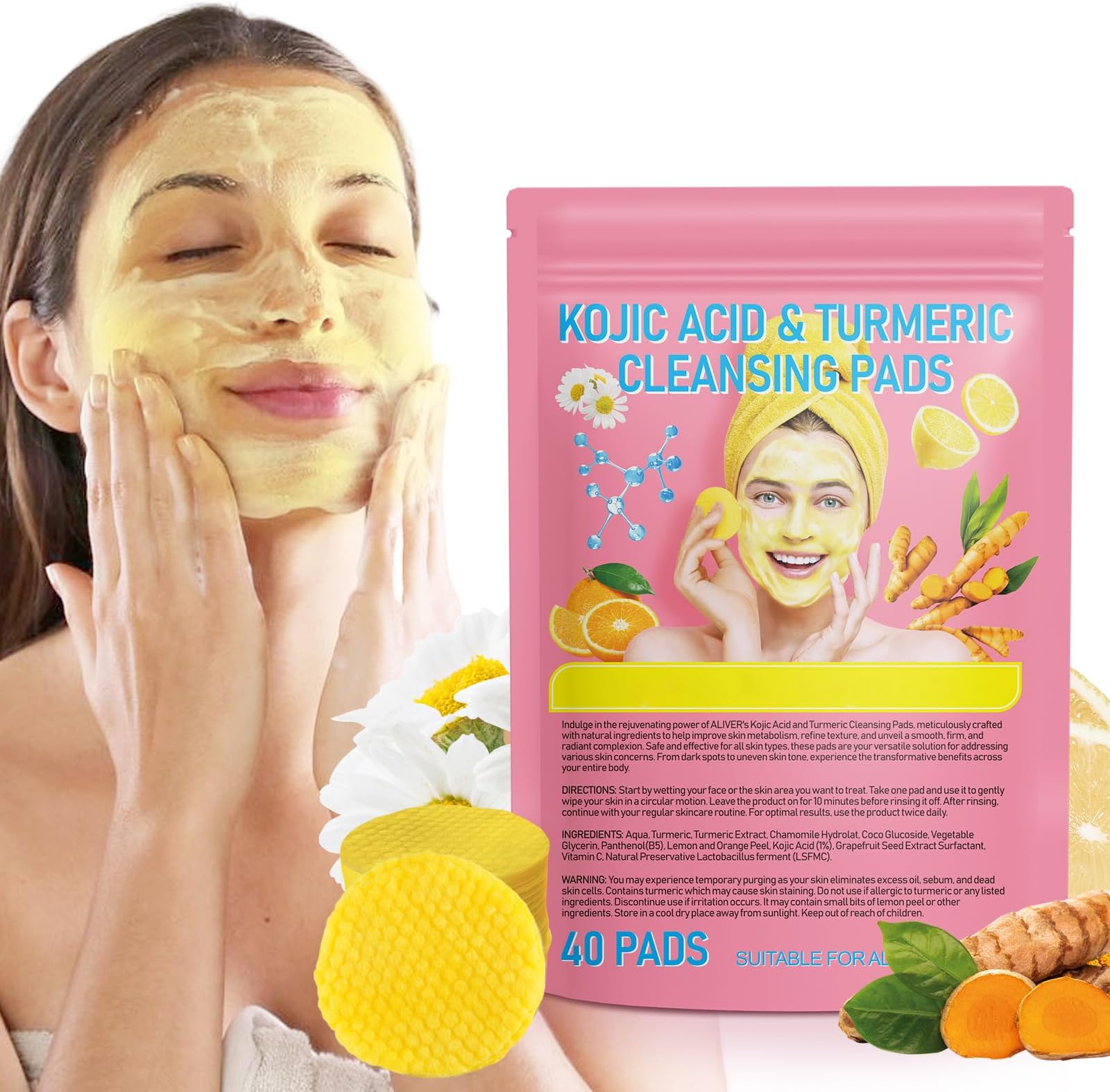 Kojic Acid and Turmeric Cleansing Pads, Turmeric Cleansing Pads, Face Turmeric Kojic Acid Pads, Remove Excess Oil, Foaming Turmeric Exfoliating Pads for for Face Body, Gentle & Non-Irritating, 40PCS