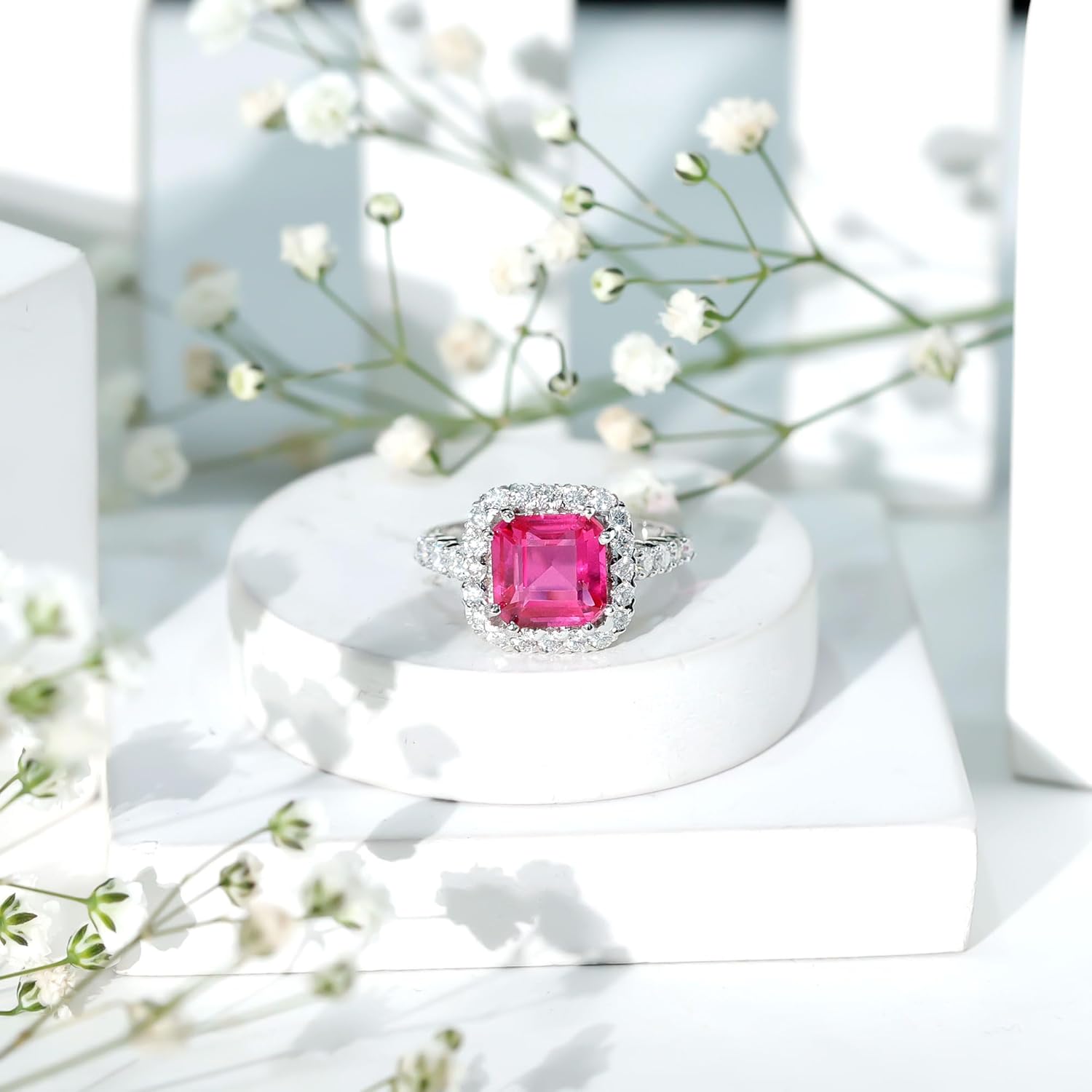Certified Lab Grown Pink Sapphire 9mm Asscher Engagement Ring in Silver, Aaaa Quality, Pink Sapphire Cocktail Ring For Her