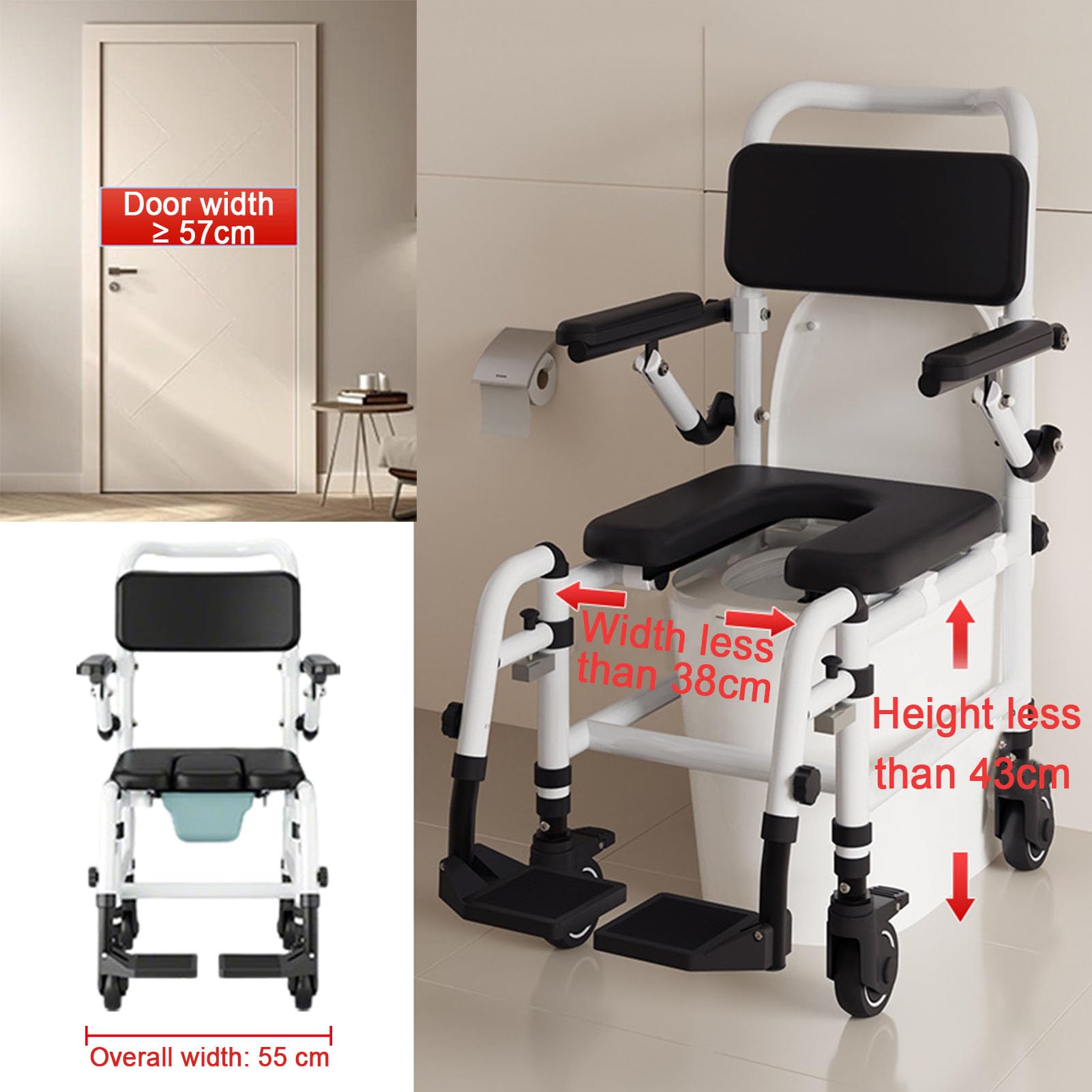 Silla Ducha con Ruedas, Silla De Ducha con Respaldo Y Apoyabrazos, Silla WC Personas Mayores con Cubeta Extraíble, Reposapiés Y Reposabrazos Abatibles, Altura Ajustable, Carga hasta 100kg