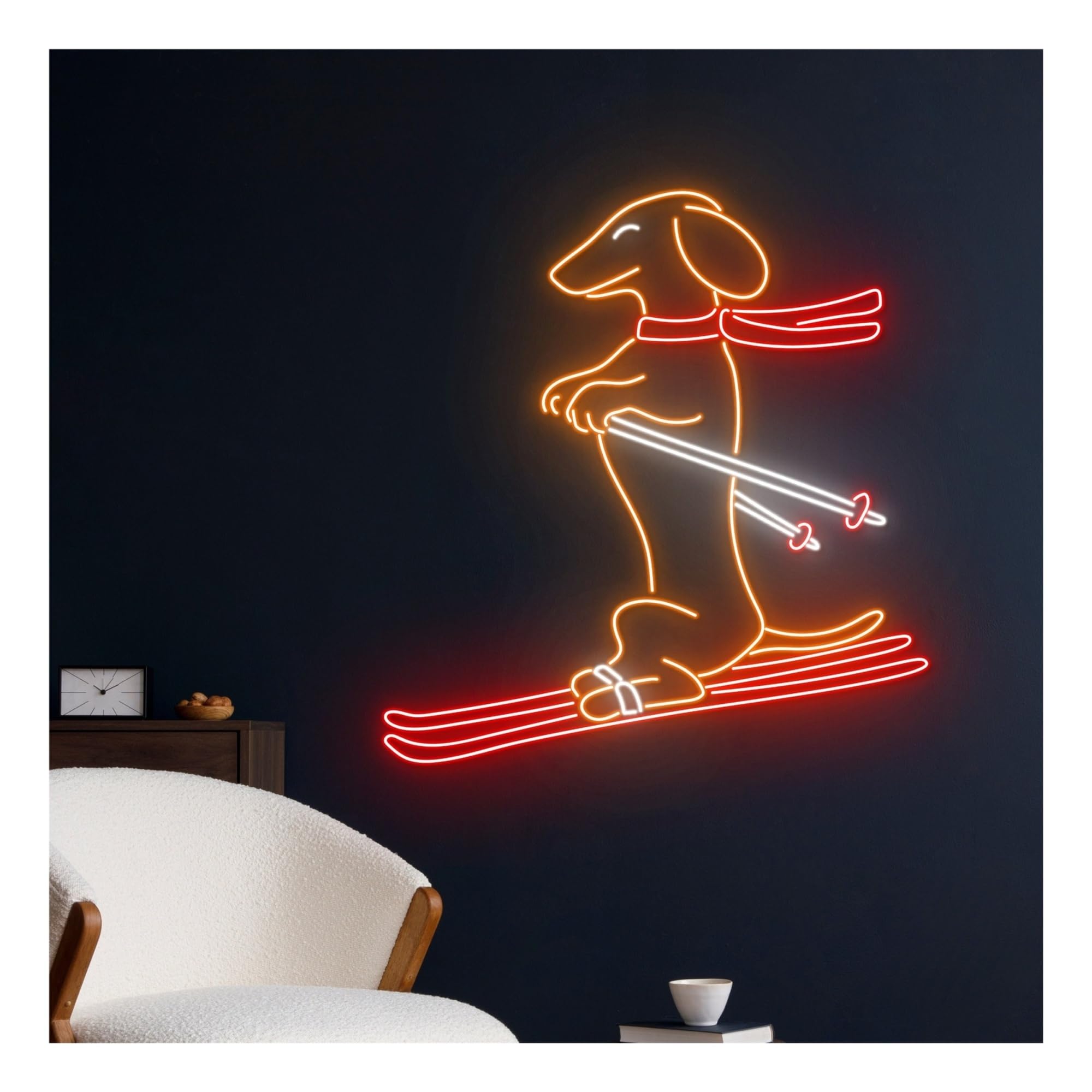 Luces de neón Letrero De Neón Perro Salchicha Esquiando, Nieve, Mascota, Jugador, Animal, Deporte, Decoración Pared Para Habitación, 58cm