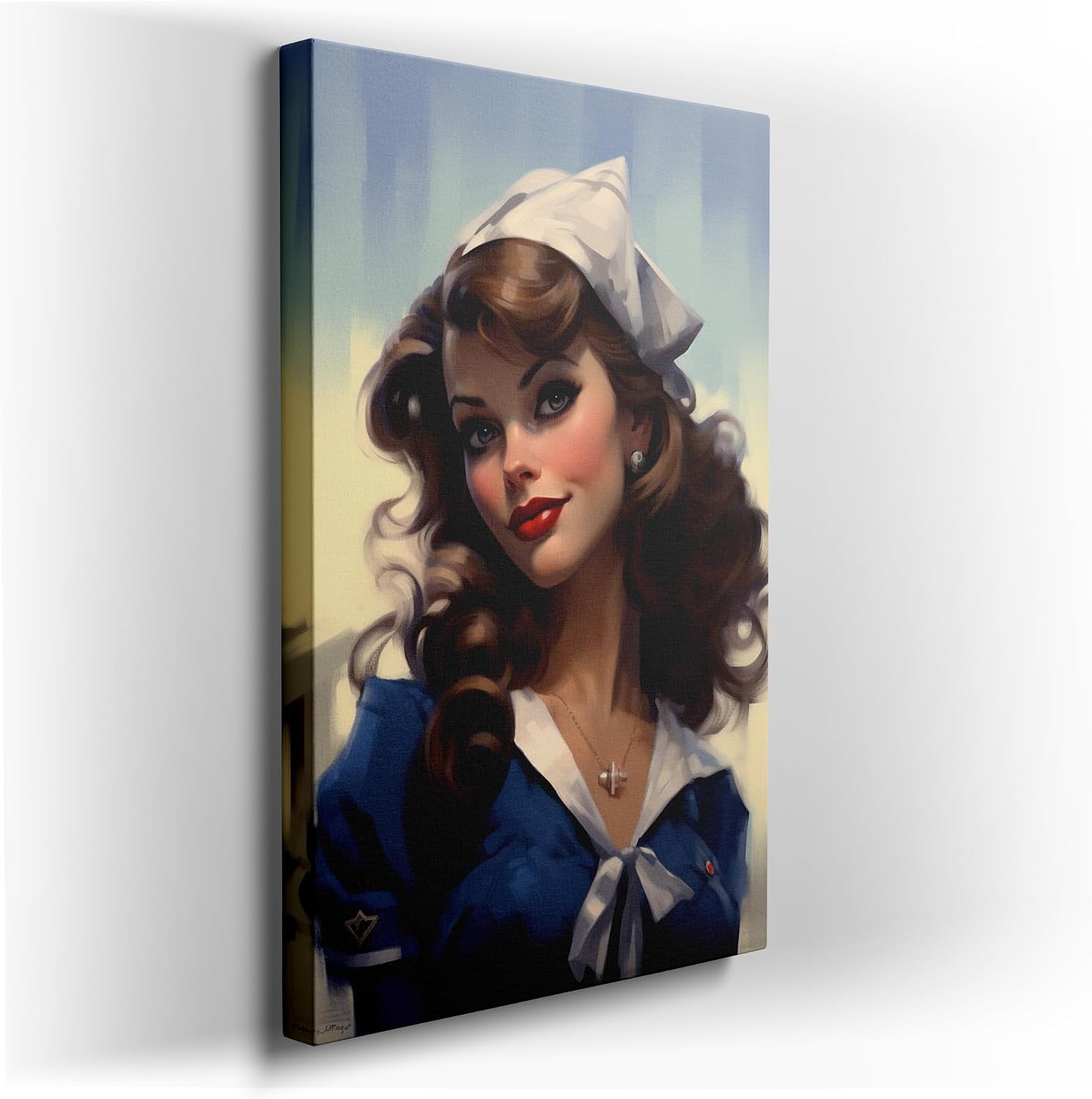 Canvas for Living room. Nautical Elegance Captured in Digital Artistry: The Enigmatic Woman in Blue, 27 x 18 inch Canvas Wall Art - Contemporary Masterpieces - Modern Home Decor