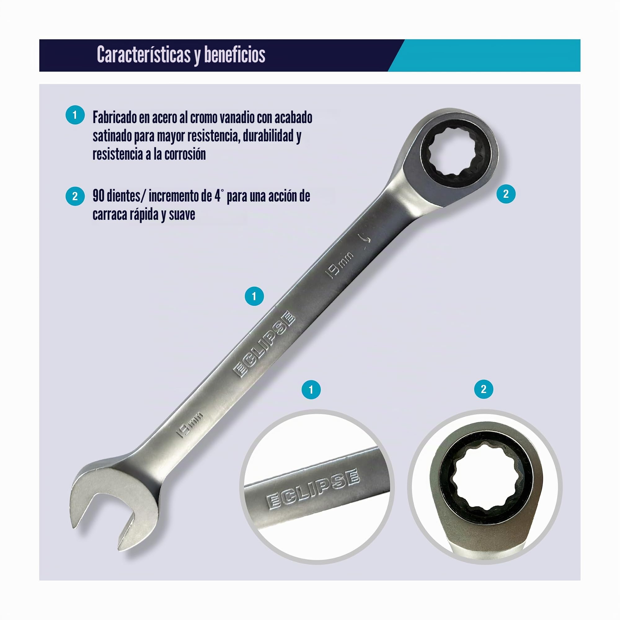 Eclipse Professional Tools ERWFIX7PS Juego de 7 Llaves Combinadas con Cabeza Fija y Carraca – 8–19mm, Acero Cromo Vanadio, 90 Dientes, Alto Par, Acabado Satinado, para Automoción y Mantenimiento