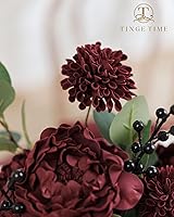 Vista 5 de TINGE TIME Flores falsas de aspecto real para decoración, 25 flores artificiales de dalia burdeos con tallo para ramos de boda, centros de mesa