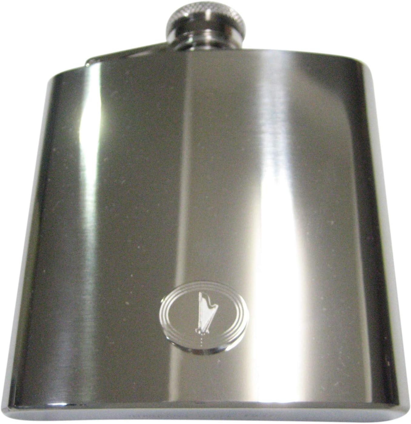 Kiola Designs Silver Toned Etched Oval Harp Musical Instrument 6 Oz. Stainless Steel Flask