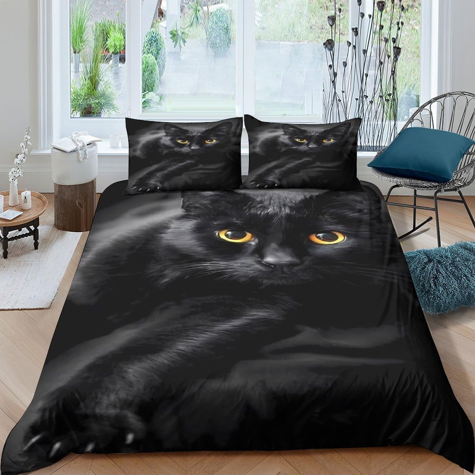 Ctjqhvkz Style-6 3D Printed Black Cat Fitted Sheet Microfiber Soft Breathable Yellow Eyes Bed Cover For Bedroom Guest Room Decor Single（135X200cm）