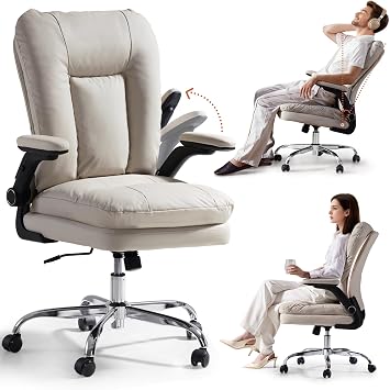 LEAGOO Executive Office Chair 15  Rocking Mid-Back Computer Chair for Home | Padded Office Chair with Flip up Arms & Wheels Adjustment Height Curved Backrest Space Saving Cute Work Chair for Short Women