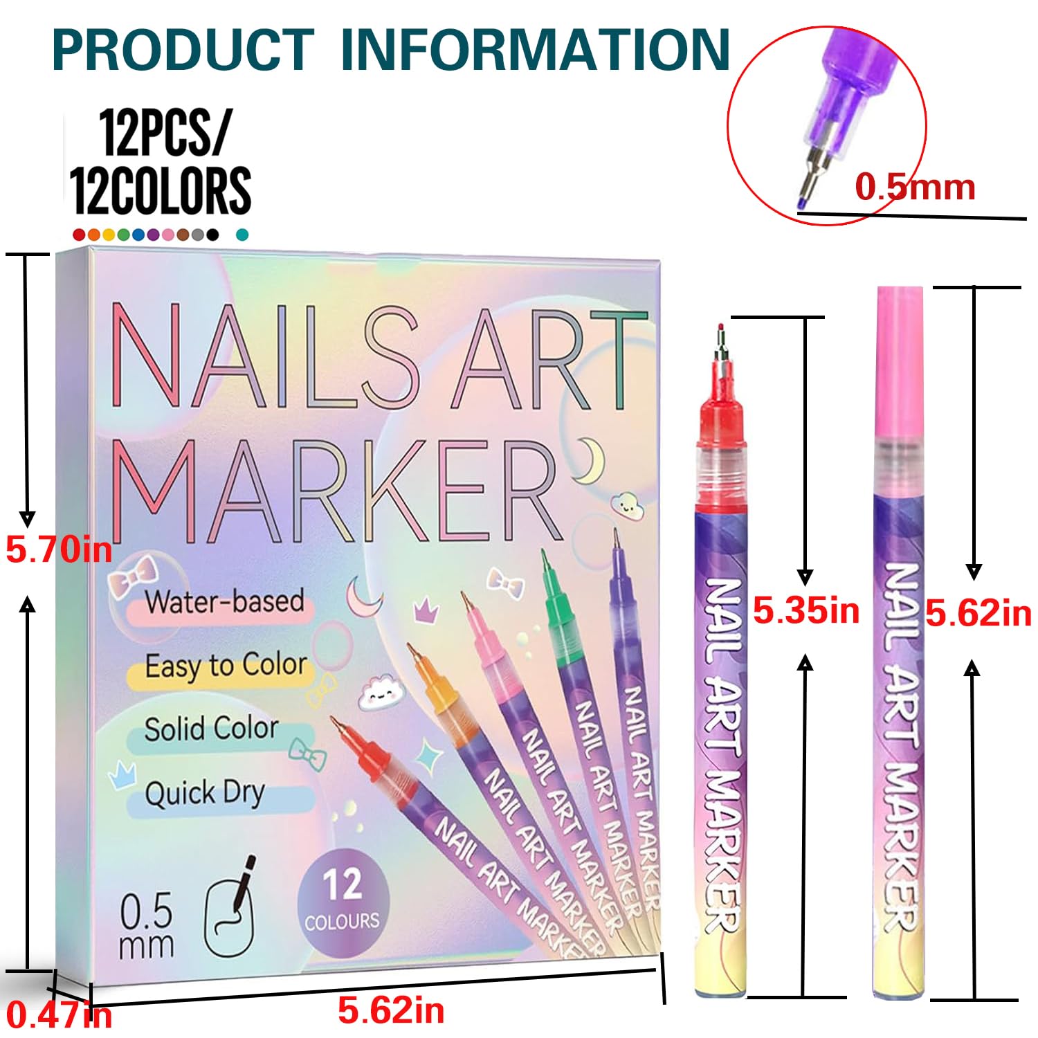 12 Color Nail Art Pens Set, 0.5MM 3D Nail Polish Pens Graffiti Dotting Pen Drawing Painting Point Liner Acrylic Painted Pen Kit, Waterproof Nail for DIY Nails Art Design Manicure Tools