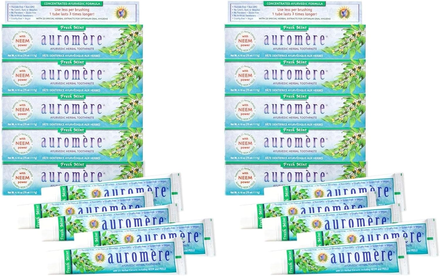 Auromere Ayurvedic Herbal Neem & Clove Toothpaste - All Natural Fluoride Free Toothpaste for Adults and Kids, Suitable for Sensitive Teeth, SLS-Free, Non GMO, Vegan, Cruelty-Free - Fresh Mint, 5 Pack