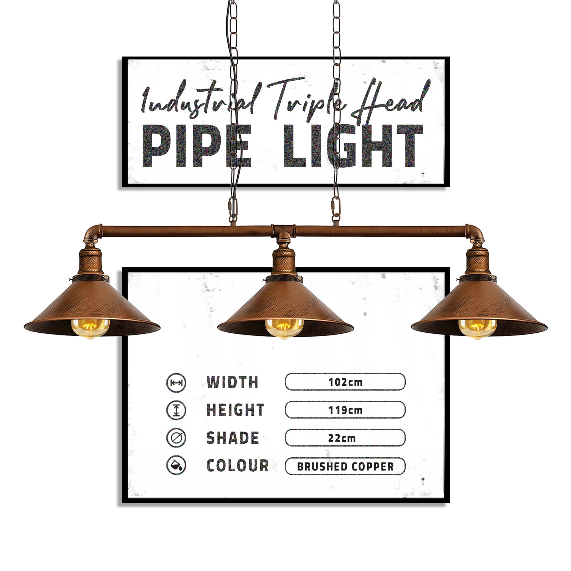 DC VOLTAGE Industrial Suspended Ceiling Pendant 3 Lamp Brushed Copper Metal Water Pipe Vintage 22cm Shade with Hanging Chain Light Fitting for Kitchen Living Room Home Decor & Improvement Essential — image 1