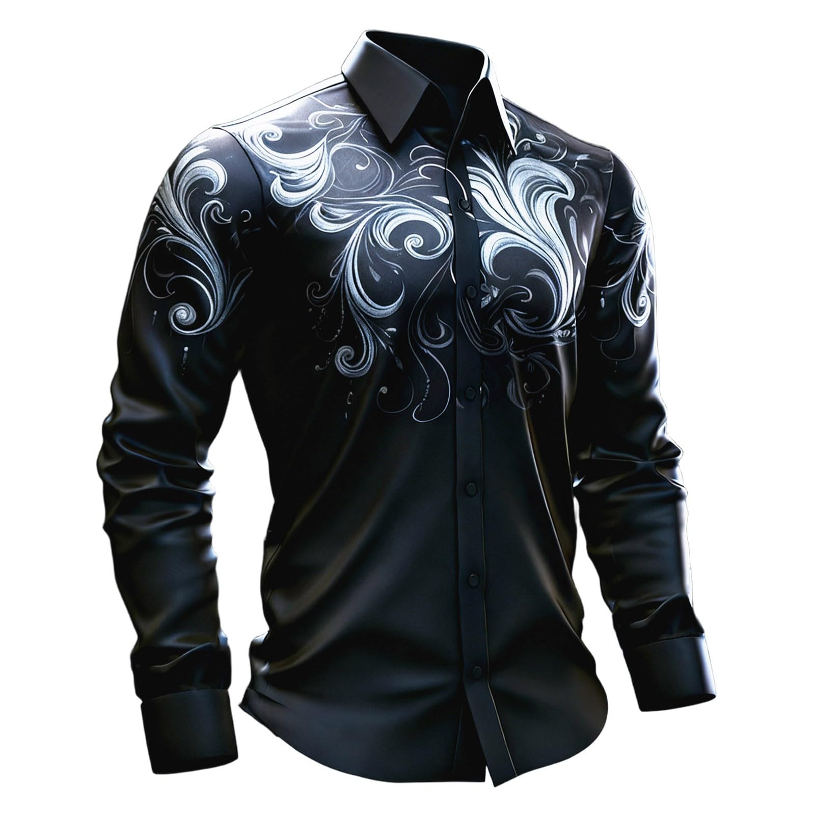 Long-Sleeved Medieval Gothic Festival Print Shirt in Classic Fit. The intricate pattern and classic fit make it ideal for costumes and casual wear., White, L