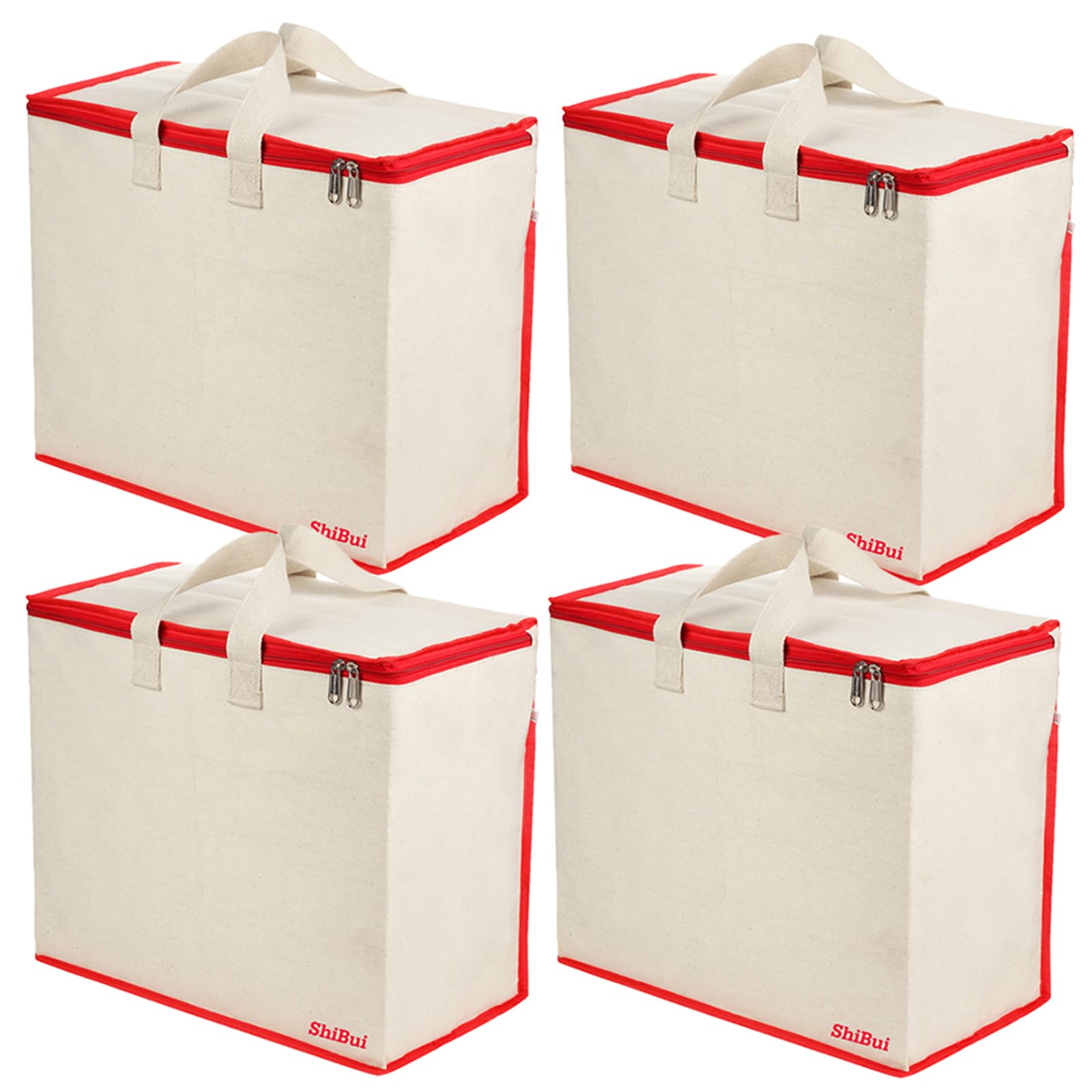 SHIBUI Canvas Reinforced Cotton Handles with Multipurpose Clothes Storage Organizer & Grocery vegetable shopping and Covers Zip Bags. (Red, Pack of 4)