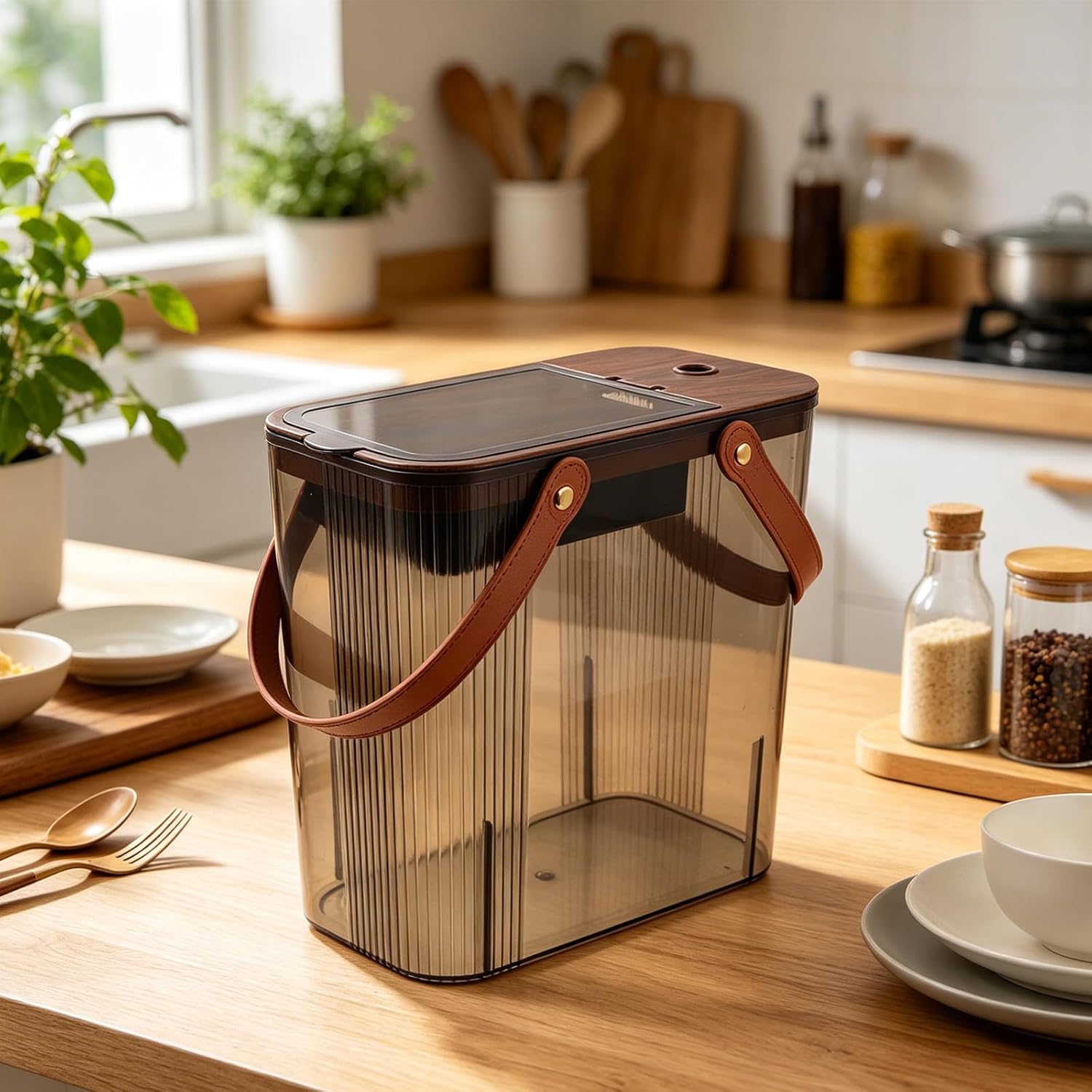 Tea Waste Bin with Vintage Wood Grain Finish Large Capacity with Dry Wet Separation and Portable Handle, Tall Plastic Trash Can Narrow Design for Kitchen Counter and Dining Area