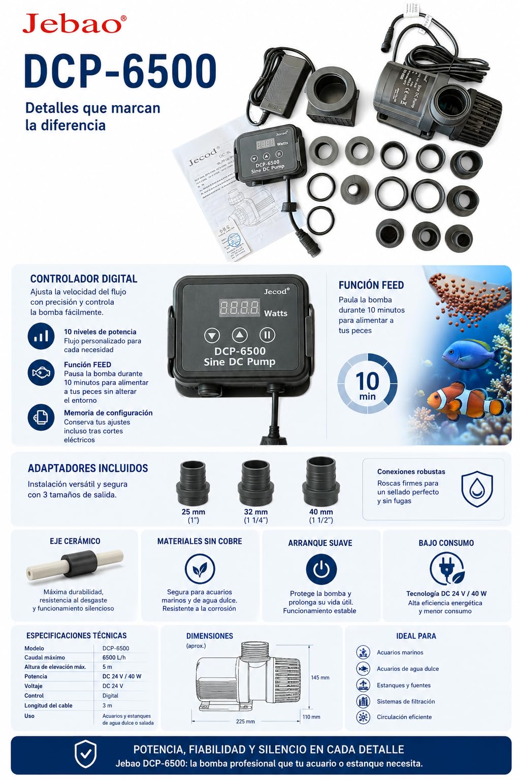 Bomba de circulación Jebao DCP-6500 – 6500 L/h, 24 V 40 W, controlador digital, función Feed, silenciosa para acuario y estanque agua dulce/salada
