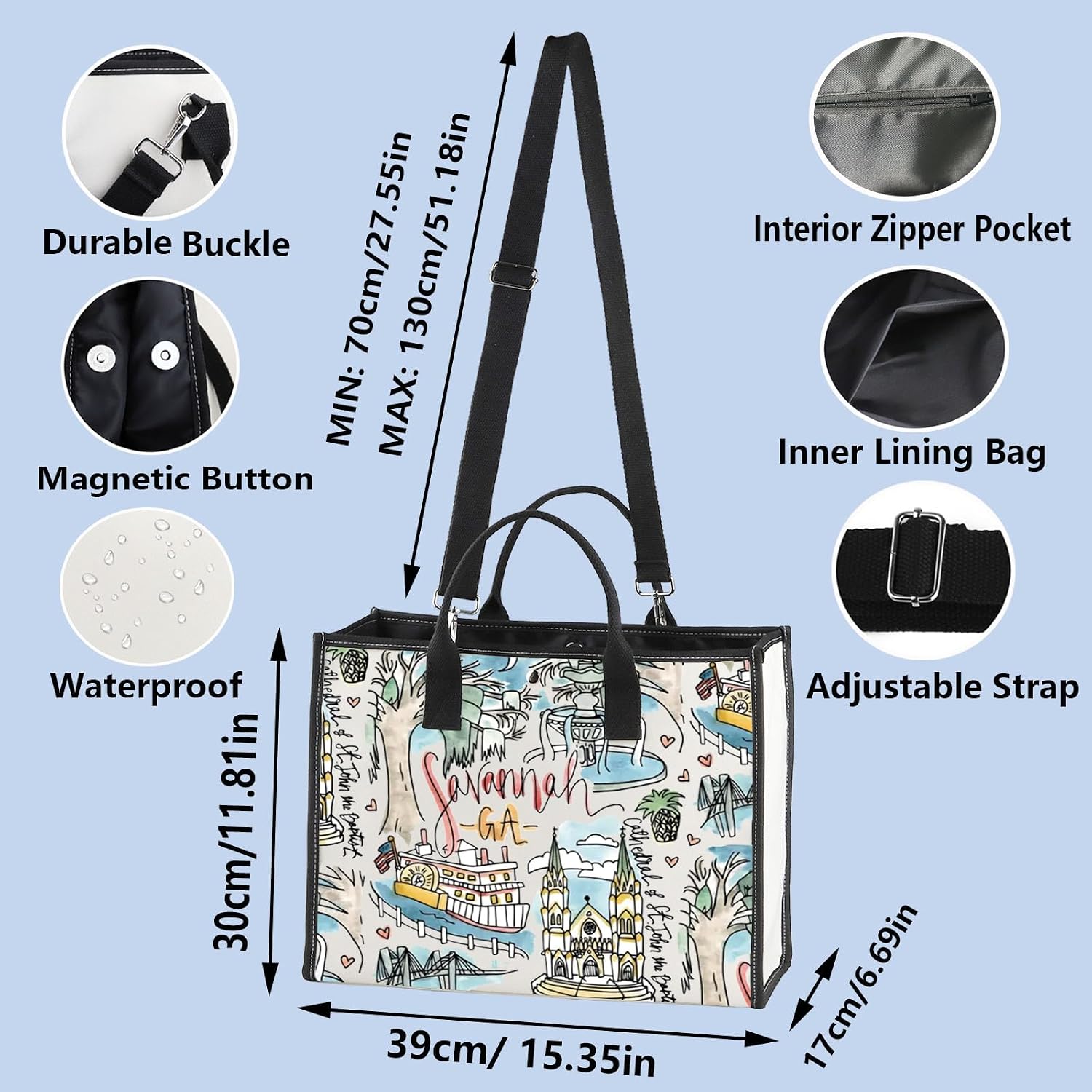 WZMPA Savannah Travel Tote Bag - Georgia Souvenir Gift, Trip Shoulder Bag, Forsyth Park Merchandise