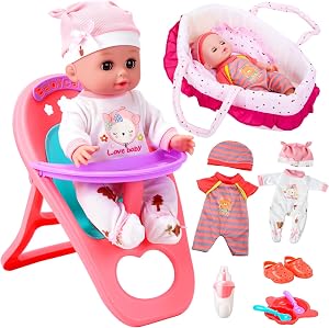 Baby Doll Playset for Girls with Realistic Doll, Carrier & Accessories | Baby Doll Care Playset with Interactive Doll, High Chair, Clothes, Role Play Toy Gift for Girls Ages 3-8