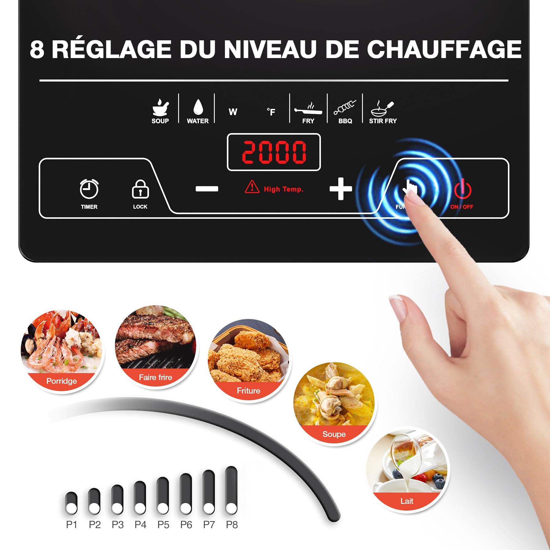 VBGK Plaque Vitrocéramique 1 Feu, Table de cuisson Electrique 2000W, Plaque de Cuisson avec Commande Tactile LED, 8 Niveaux de Puissance, Verrouillage Enfant