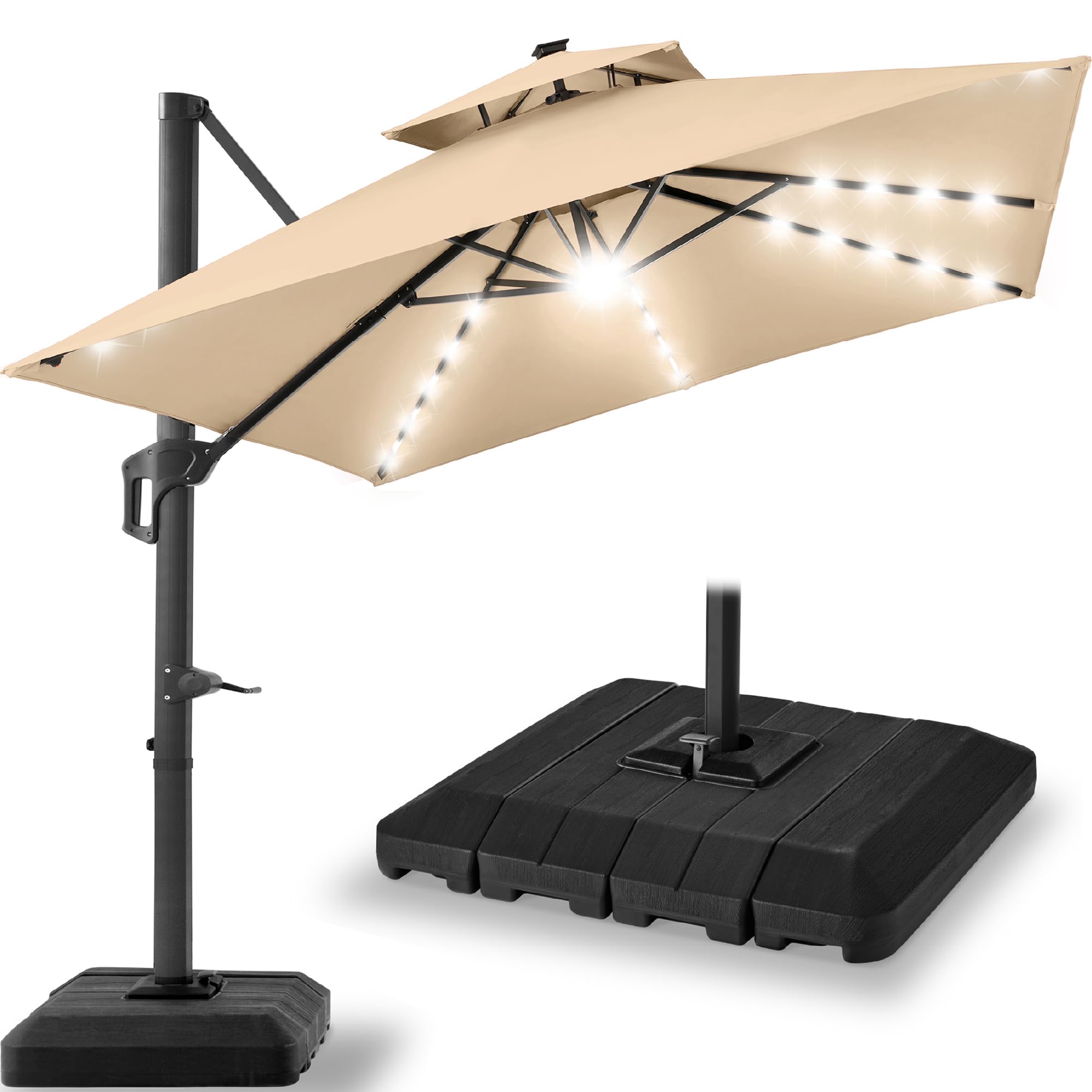 Best Choice Products 12x12ft LED Cantilever Patio Umbrella w/Base Included & 360° Rotation, Large Solar Offset Hanging Outdoor Sun Shade for Deck,