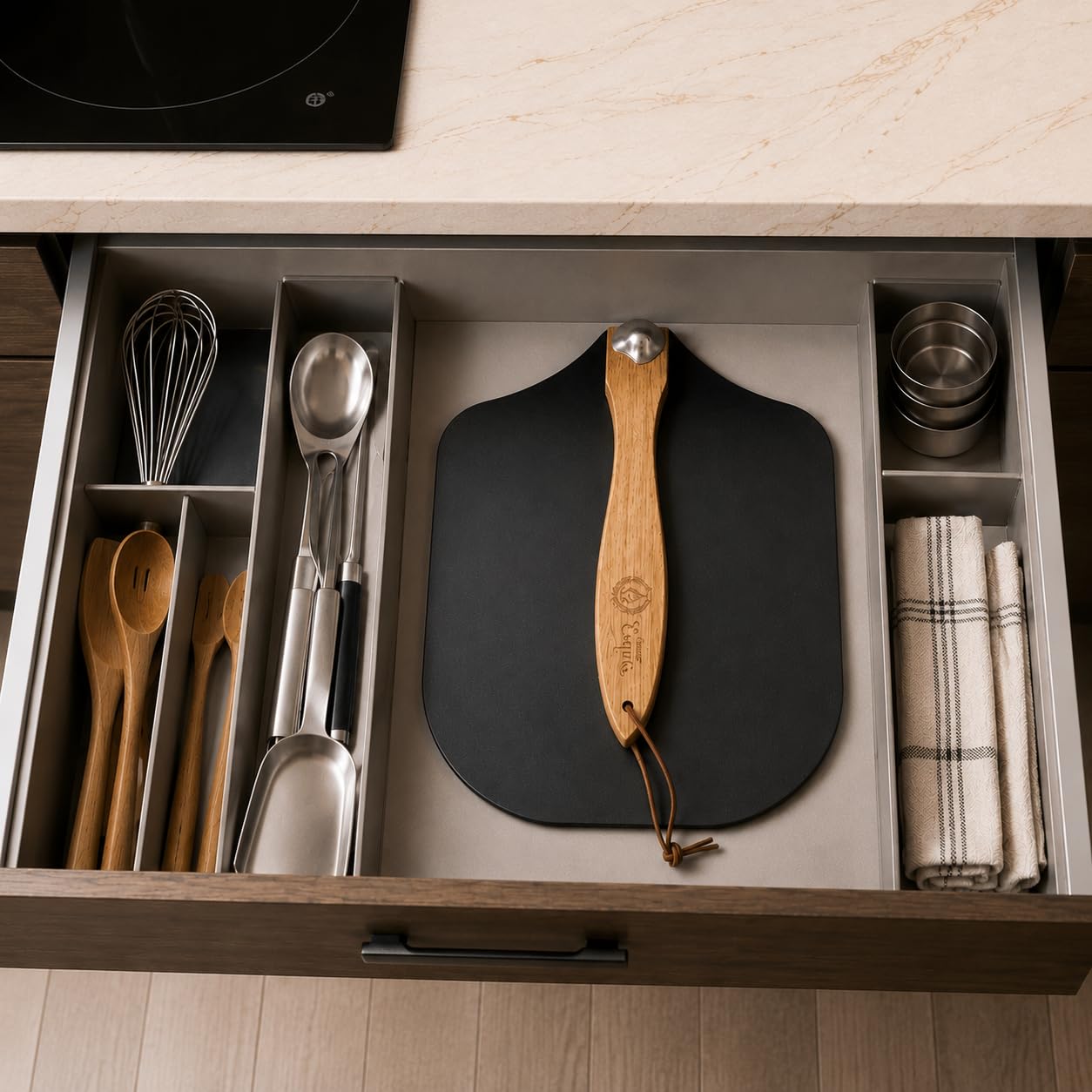 Kit Pelle à Pizza Pliable Noire et Coupe-Pizza Inox | Aluminium, manche en bois, spatule antiadhérente, acier inoxydable, tartes flambées, 30 cm