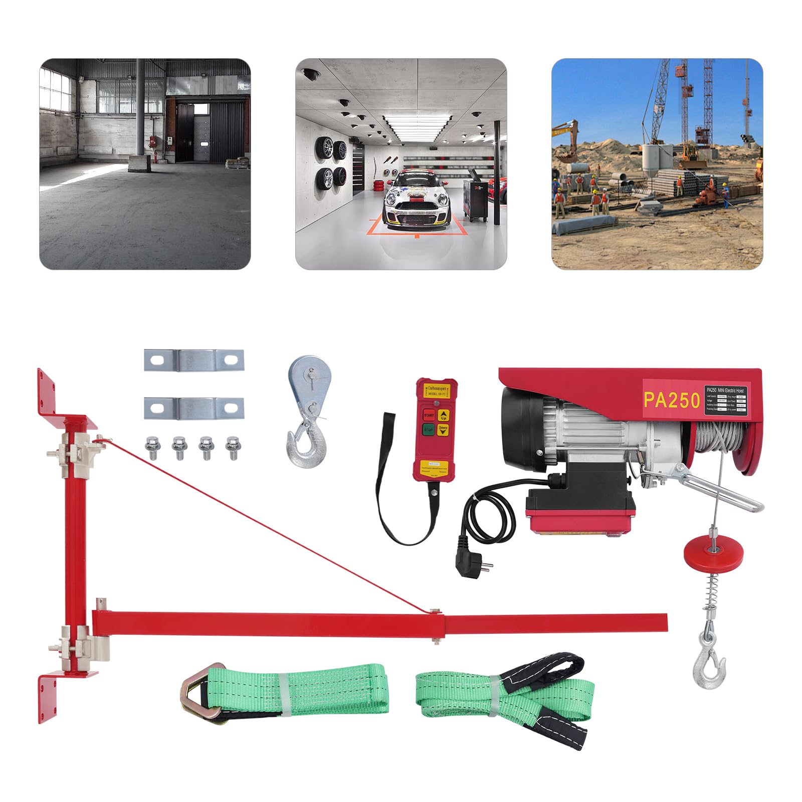 Elektrische Seilwinde 125kg bis 250kg, Hubhöhe 12m, 550W Seilhebezug Motorwinde mit Kabelloser Fernbedienung & Schwenkarm, Elektrischer Flaschenzug für Fabriken, Lagerhäuser, Baustellen
