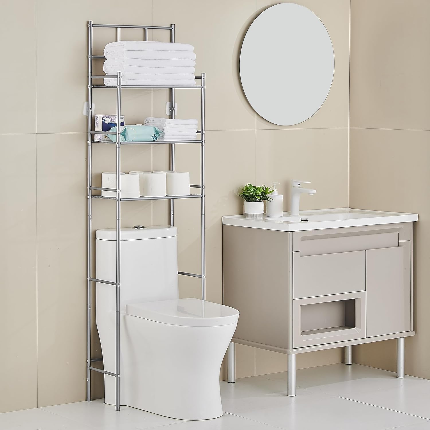 Hoomtaook 3-Tier Over The Toilet Storage Rack - Metal Over Toilet Bathroom Organizer Shelf, Freestanding Over Toilet Bathroom Organizer for Bathroom, Laundry, Living Room, Grey