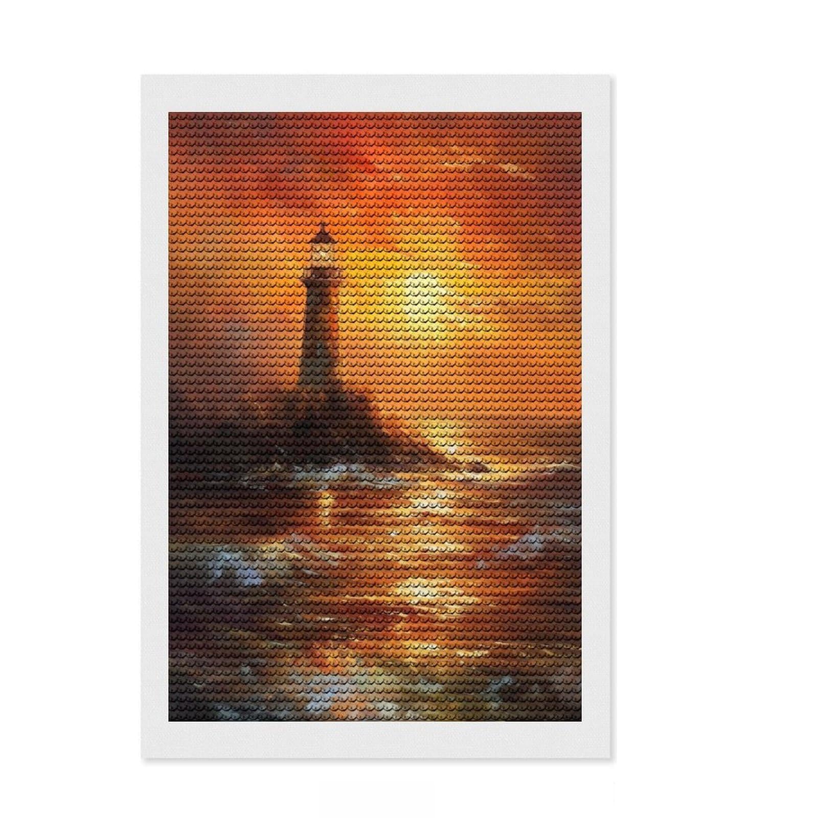 Junmoney Lighthouse Sunset Diamond Art Kit 8"x12", Simple to Start, with Tool Kit, Boho Decor, Gift Idea, Easy to Enjoy, Printed Canvas