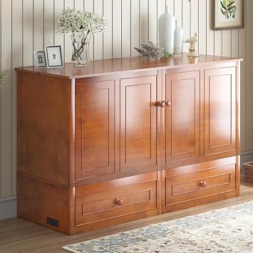 Mjkone Queen Size Murphy Bed Cabinet with Tri-Fold Mattress, Wooden Cabinet Bed with Built-in USB Charging Station and 2 Storage Drawers, Cube Chest Beds for Office Guest Room, Cherry