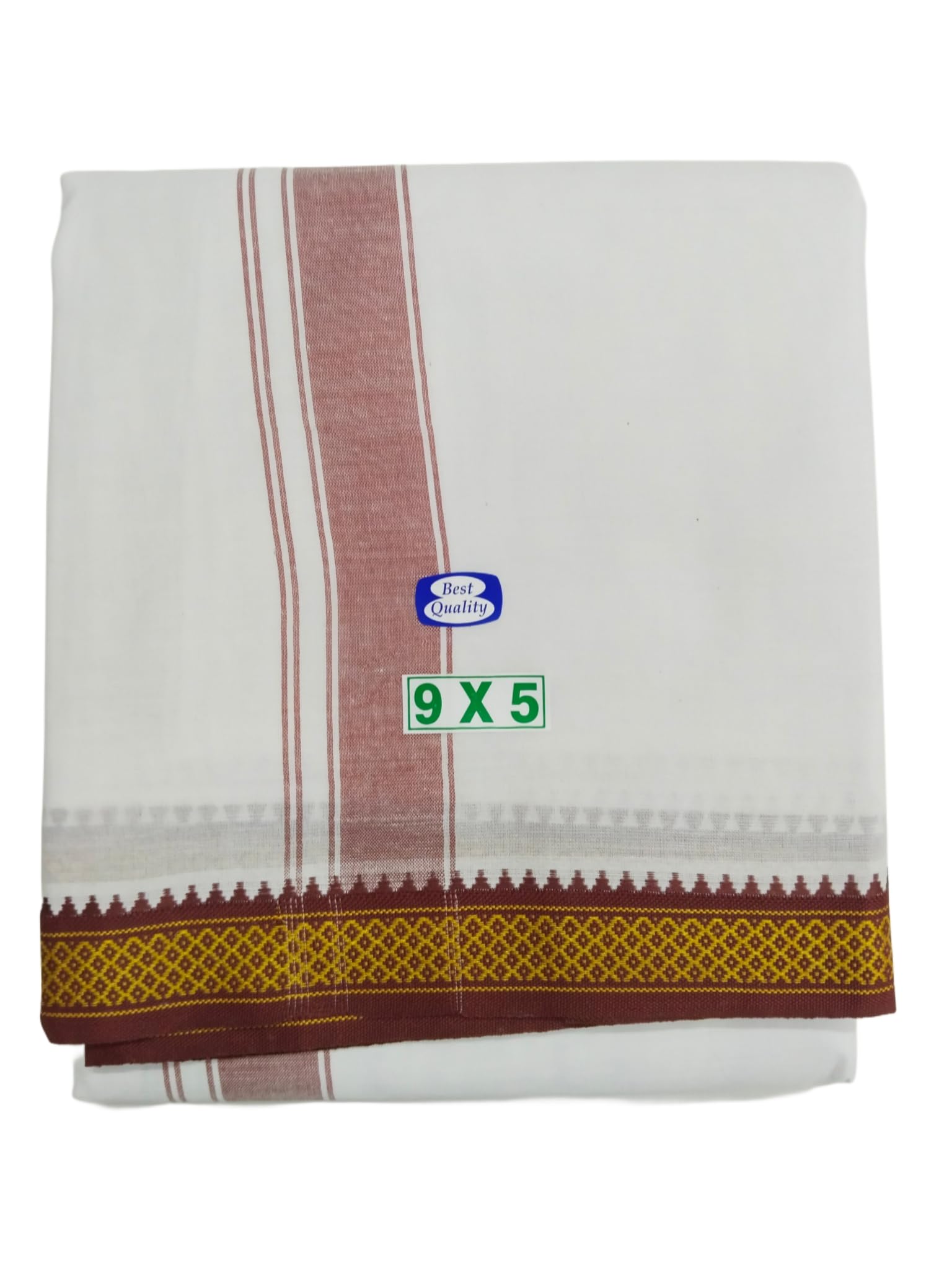 sri raajam textiles Traditional Mens Poly Cotton Padayappa 9x5 Dhoti with Angavashtram, Cream Off White Colour Green and Maroon Border, 9+5 Panchakacham-picture-32