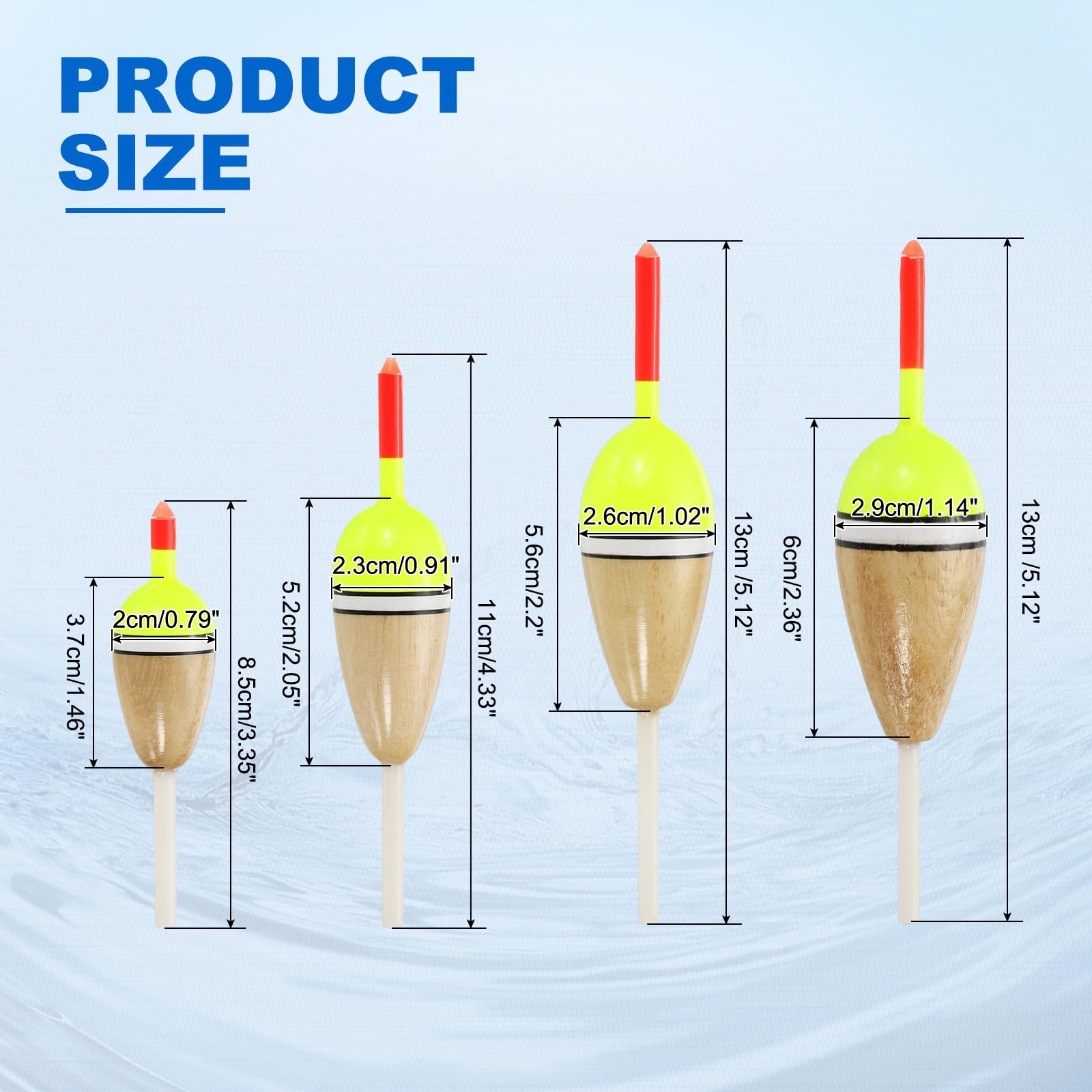 PATIKIL Fishing Floats Rigs 4 Sizes, 4 Pack 4 Shape Fishing Bobbers Stick Slip Bobbers Fishing Accessories with Buoyant Balsa Wood Body for Crappie Freshwater Fishing Tackle, Red/Yellow
