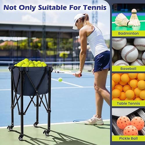 Miniatura 6 de GYMAX Tolva de pelota de tenis, carrito plegable para 150 pelotas de tenis con bolsa de transporte, marco de fácil montaje, bolsa extraíble y 4