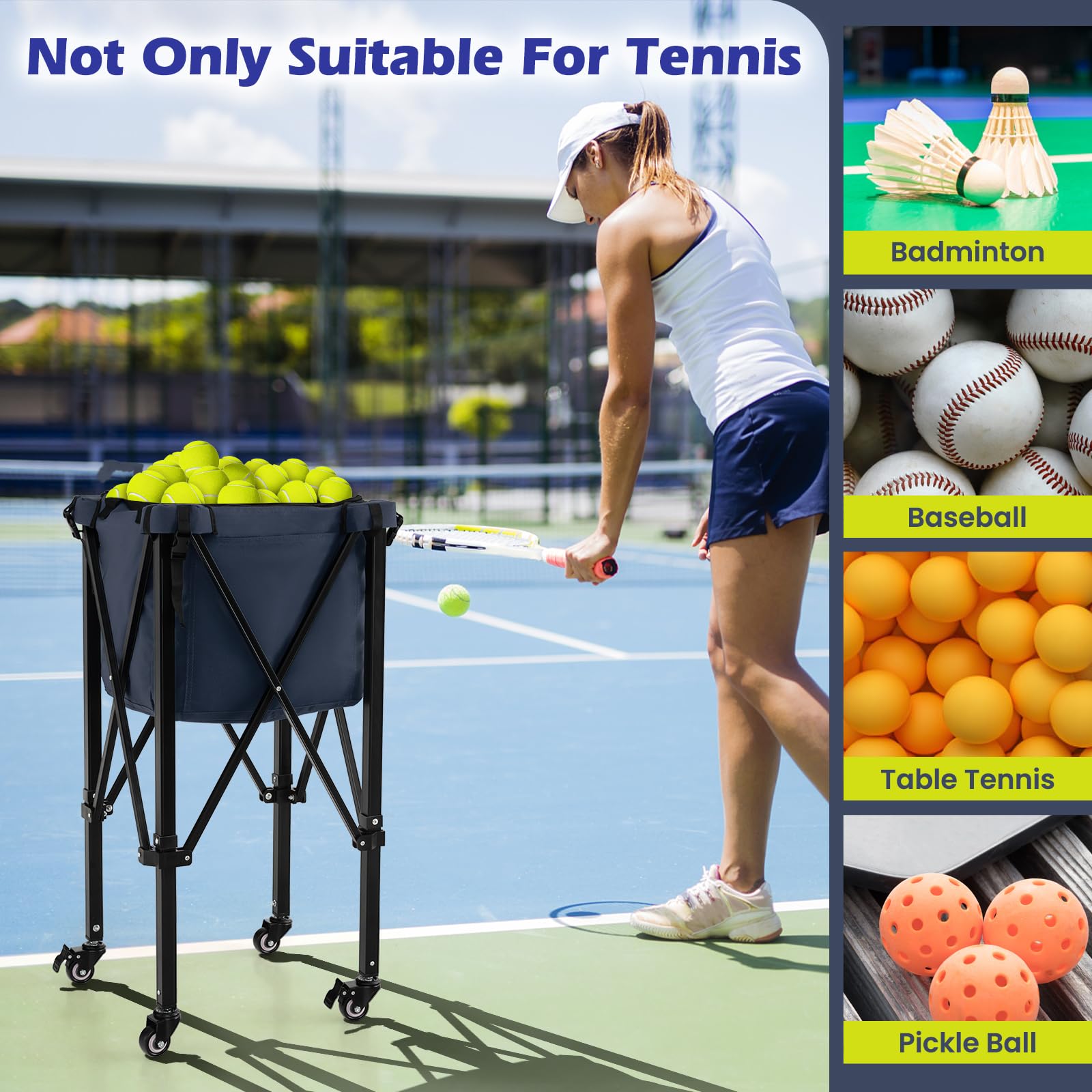 FANTASK Carrito de Tenis Plegable 150 Pelotas Aluminio Ligero 3 kg Azul